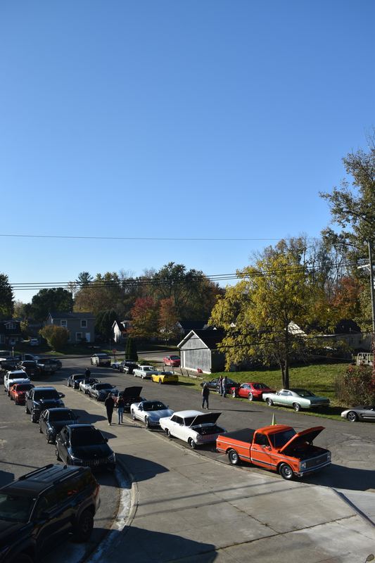 A line of cars arriving along the drive.