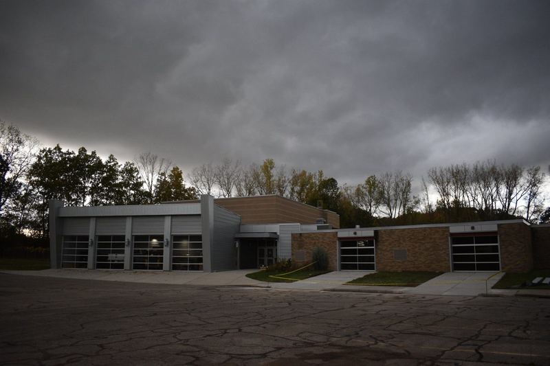 The front of the building at 155 E. Glass Rd. with its new glass garage doors.